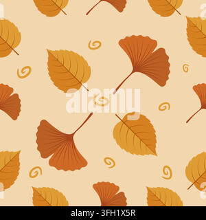Nahtloses Muster-Vektorhintergrund mit herbstlichen Blättern in Gelb und Orange sowie Ginkgoblattern für saisonale Textilien Stock Vektor
