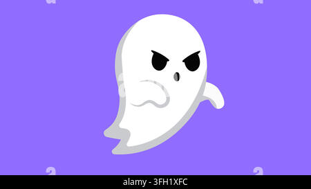 Niedlicher wütender weißer Cartoon-Geist-Charakter-Vektorillustration auf lila Hintergrund für Halloween-Party-Feier Stock Vektor