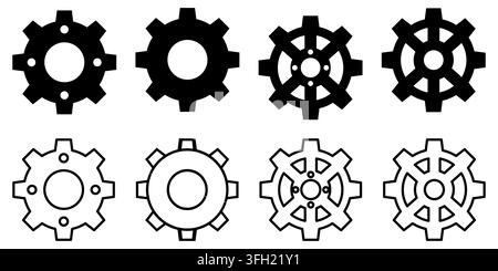 Eine Sammlung von acht Zahnrad- und Getriebe-Symbolen in massiven schwarzen und Umrissstilen, die Maschinenbau, Einstellungen und Industriedesign darstellen. Stock Vektor