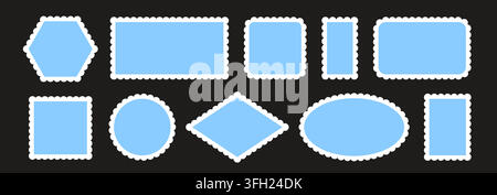 Sammlung blauer Briefmarken. Helle, wellige, muschelartige Postborder-Sammlung für Post, Postkarte, Brief. gezackte Kantenformen für Plakat, Banner, Abzeichen, Aufkleber, Emblem, Stempel, Karte. Vektor-Postrahmen-Bündel Stock Vektor