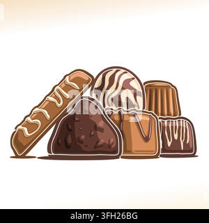 Vector Chocolate Candies, Umrissillustration der Zusammensetzung süßer dunkler Trüffel, Schokoladenriegel, Schweizer Praline und belgische Bonbons, bedeckt mit Milchglas Stock Vektor