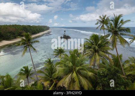 Luftbild der tropischen Küste der Insel Morotai in Nordmaluku mit Kokospalmen, einem flachen Riff und einem kleinen felsigen Felsriff vor der Küste Stockfoto