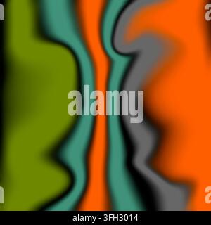Abstraktes Muster zeigt verschwommene wellige Linien und organische Formen mit lebendigen grünen, türkisfarbenen, orangefarbenen und grauen Farben, die sich sanft vermischen und ein modernes Design schaffen Stockfoto