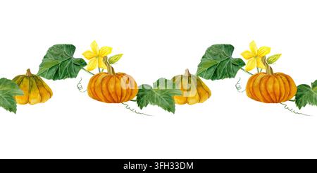 Aquarell-nahtlose Bordüre mit Kürbisfarbe und Illustration mit leuchtend gelber Blume und grünen Blättern Stockfoto