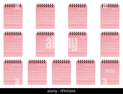 Vorlage für einen roten Desktop-Kalender mit klarem Rasterlayout, spiralgebundenes Planermodell mit Monatsseiten für die Organisation im Jahr 2026 Stockfoto