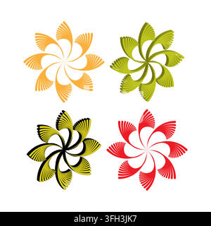 Verdrehte Blütenblatt-Blumen-Pinwheel-Rosette-Set mit farbigem Vektor. eps 10. Stock Vektor