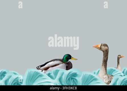 Enten und Gänse schwimmen in blauen stilisierten Papierschnitterschwingungen, surrealistische Kunst. Konzept der Meeresverschmutzung. Lustige abstrakte Komposition, moderne Kunst, horizontal Stockfoto