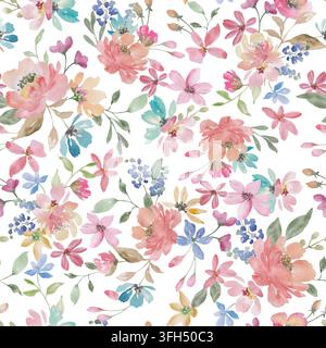 Aquarell-Frühlings-Wildblumen-Nahmuster, Pastell-Korallenrosa-Blauer-Blumenhintergrund für Sommerstoff, Tapete, Kinderzimmer-Textildruck Stockfoto