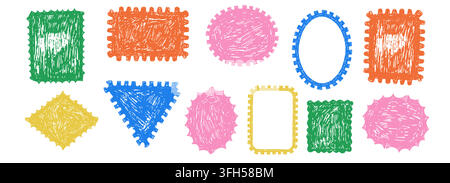 Buntstift handgezeichnetes Stempel-Doodle und Skizzenzeichnung, Briefmarkenformen bilden eine verspielte Textur. Setzt Grenzen, Rahmen-Kollage-Hintergrund. Verspielte Pastellelemente für kreative Projekte. Vektorillustration Stock Vektor
