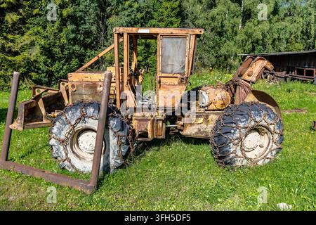Alter Forsttraktor mit verketteten Rädern, der auf einer grasbewachsenen Fläche geparkt ist Stockfoto