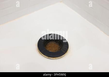 Verfilztes Haar, das einen Duschabfluss verstopft, veranschaulicht schlechte Wassermenge, Sanitärprobleme und die Notwendigkeit regelmäßiger Badezimmerwartung. Stockfoto