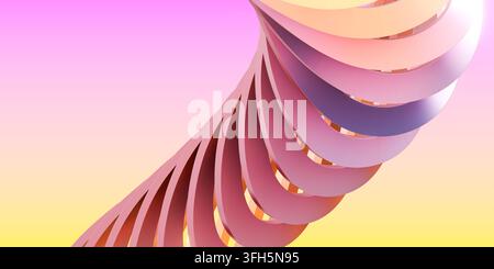 3D-Rendering eines abstrakten geometrischen Hintergrunds mit Pastellgradient. Elegante rosa, lila und gelbe gedrehte Spiralstruktur. Stockfoto