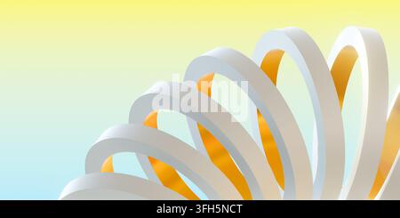 Abstrakter 3D-Render-Hintergrund mit gebogenen, sich überlappenden weißen Ringen und einer glänzenden goldenen Innenverlauf über einem weichen gelb-blauen Pastellgradienten. Stockfoto