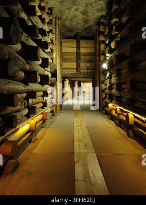 WIELICZKA, POLEN – 16. SEPTEMBER 2022: Eine hölzerne Stützgalerie mit gestapelten Holzbalken säumt einen unterirdischen Korridor in der Salzmine Wieliczka Stockfoto