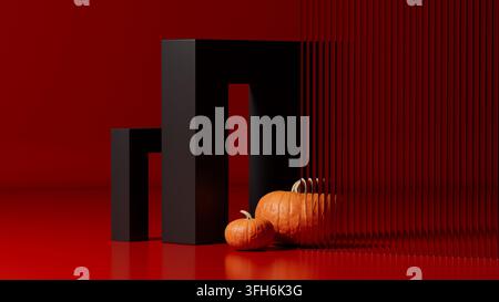 Zwei orangefarbene Kürbisse neben schwarzen geometrischen Rahmen und gerilltem Glas in einem kräftigen roten minimalistischen Halloween-Stillleben. Stockfoto