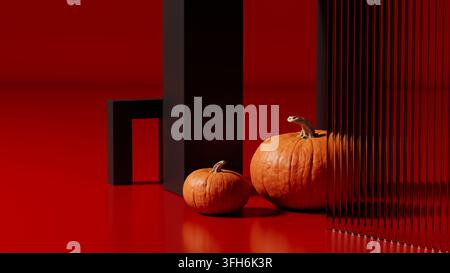 Große und kleine Kürbisse arrangiert mit schwarzen geometrischen Strukturen und reflektierendem gerilltem Glas in einer dramatischen roten Halloween-Umgebung. Stockfoto