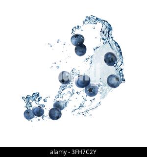 Frische Blaubeeren und Wasserspritzer in der Luft vor weißem Hintergrund Stockfoto