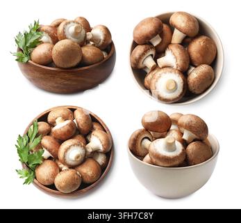 Frische Champignonpilze in Schüsseln isoliert auf Weiß, Kollage. Ober- und Seitenansicht Stockfoto