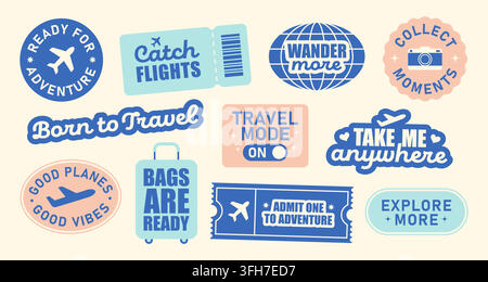 Vintage-Reiseaufkleber-Sammlung mit inspirierenden Zitaten und Text in Retro-Pastellfarben. Vektorillustration Stock Vektor