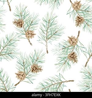 Aquarell nahtloses Muster mit Kiefernzweigen und Tannenzapfen. Handgezeichneter botanischer wiederholter Hintergrund für Winterfeiertage, Weihnachtsgeschenkpapier Stockfoto