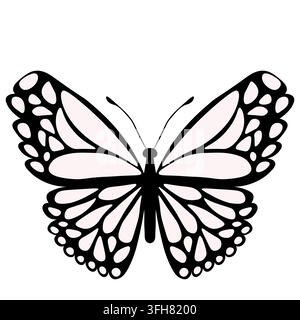 Lustiger schwarz-weißer Schmetterling. Farb-Flachvektor von detaillierten Schmetterlingen. Niedliche Charaktere. Karte, Postkarten für Kinder. Silhouettensymbol Stock Vektor