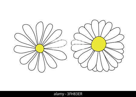 Set aus Kamillensilhouette. Sammlung von handgezeichneten verschiedenen dekorativen blühenden Gänseblüten. Elegante botanische Vektor-Illustration Stock Vektor