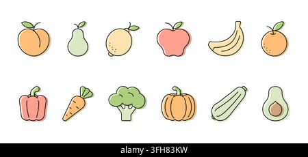 Obst- und Gemüseset aus zwölf pastellfarbenen Lebensmittelsymbolen mit schwarzen Umrissen. Vektorillustration auf weißem Hintergrund. Stock Vektor