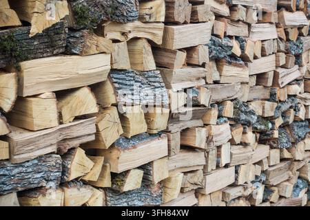 Ordentlich gestapeltes gehacktes Brennholz, Holzstapel Stockfoto