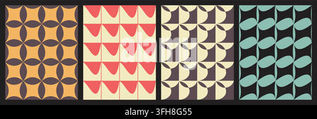 Sammlung von vier nahtlosen Vektormustern mit abstrakten geometrischen Formen in einem Retro-Mid-Century-Modern-Stil mit einer Vintage-Farbpalette. Stock Vektor