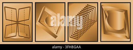 Ein Satz von vier Paneelen mit abstrakten 3D-geometrischen Designs, einschließlich Rahmen, kreisförmiger Formen und geschichteter Strukturen mit poliertem Metallgold a Stock Vektor