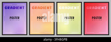 Eine Sammlung von vier vertikalen Postern mit glatten Farbverlaufshintergründen in Lila, Orange, Gelb und Rot, mit minimalistischen weißen Rahmen und Typografie Stock Vektor
