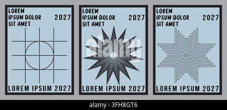 Eine Sammlung von drei vertikalen Postern mit hellblauen Hintergründen, fetter schwarzer Typografie und verschiedenen geometrischen Mustern, darunter Linien, Krei Stock Vektor