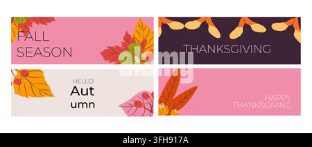 Herbst-Horizontalbanner-Set im trendigen minimalistischen Stil. Flache Vektorillustration. Hintergrund mit rosa und roten Blättern. Stock Vektor
