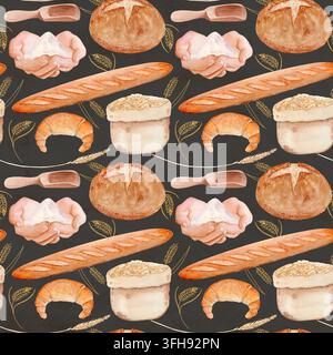 Baguettes, Rundbrot, Weizenkörner, Mehlsack. Nahtloses Aquarellmuster isoliert auf Grau, perfekt für Bäckereiverpackungen, Küchentextilien Stockfoto