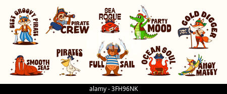 Cartoon Y2K groovige Tierpiraten und Vogel-Korsaren-Aufkleber mit lustigen Charakteren. Piratenaufkleber mit grooviger Zoo-Crew aus Bärenkapitän, Papagei-Skipper Stock Vektor