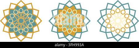 Satz von drei islamischen geometrischen Mandala-Mustern in Türkis und Gold Stock Vektor