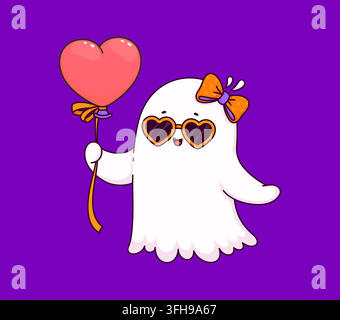Cartoon-Kawaii-Geistercharakter, der einen herzförmigen Ballon hält. Freundlicher weißer Geist mit fröhlichem Ausdruck, Herz-Sonnenbrille und leuchtend orangefarbener Schleife Stock Vektor