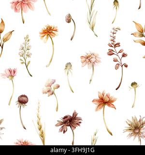 Herbstblumen Nahtloses Muster Dahlia Chrysantheme Aster Echinacea Wildblumen. Aquarell handgezeichnete Blumenillustration isoliert auf weißem Hintergrund Stockfoto