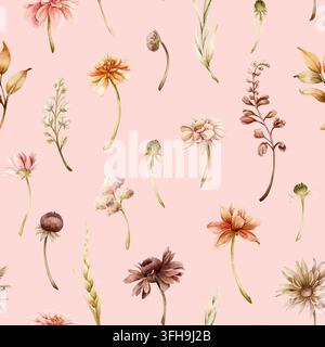 Herbstblumen Nahtloses Muster Dahlia Chrysantheme Aster Echinacea Wildblumen. Aquarell handgezeichnete Blumenillustration isoliert auf rosa Hintergrund Stockfoto
