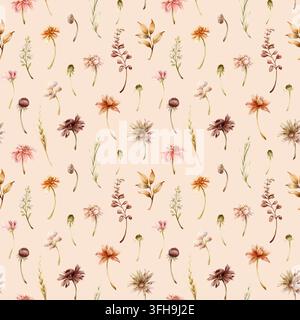 Herbstblumen Nahtloses Muster Dahlia Chrysantheme Aster Echinacea Wildblumen. Aquarell handgezeichnete Blumenillustration isoliert auf beigem Hintergrund Stockfoto