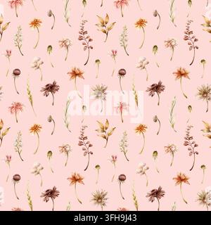 Herbstblumen Nahtloses Muster Dahlia Chrysantheme Aster Echinacea Wildblumen. Aquarell handgezeichnete Blumenillustration isoliert auf rosa Hintergrund Stockfoto