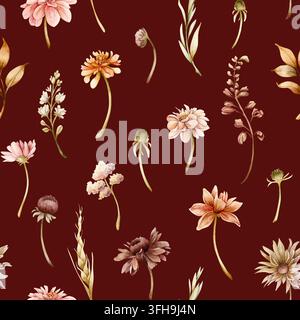 Herbstblumen Nahtloses Muster Dahlia Chrysantheme Aster Echinacea Wildblumen. Aquarell handgezeichnete Blumenillustration isoliert auf dunklem rotem Hintergrund Stockfoto