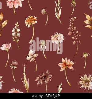 Herbstblumen Nahtloses Muster Dahlia Chrysantheme Aster Echinacea Wildblumen. Aquarell handgezeichnete Blumenillustration isoliert auf rotem Hintergrund Stockfoto