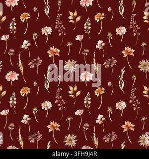 Herbstblumen Nahtloses Muster Dahlia Chrysantheme Aster Echinacea Wildblumen. Aquarell handgezeichnete Blumenillustration isoliert auf dunklem rotem Hintergrund Stockfoto