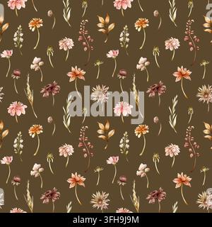 Herbstblumen Nahtloses Muster Dahlia Chrysantheme Aster Echinacea Wildblume. Wasserfarben handgezeichnete Blumenillustration isoliert auf dunklem braunem Hintergrund Stockfoto