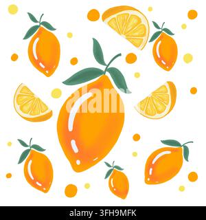 Eine handgezeichnete digitale Illustration mit ganzen Zitronen, Zitronenscheiben und kleinen Punkten, die als dekorative Sammlung angeordnet sind. Stockfoto
