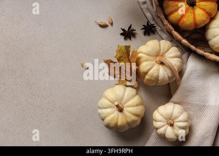 Erntedank-Kürbisse und Herbstgewürze auf weichem Stoff.. Stockfoto