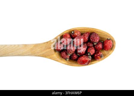 Getrocknete Hagebutte, die Hagebutte oder Hagebuttenbeeren auf einem Holzlöffel, isoliert vor weißem Hintergrund mit Kopierraum. Stockfoto