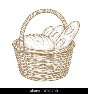 Korb mit Brotlaiben und einer Baguette, Sepia-Vektorillustration. Für Bäckereidrucke, Verpackungen von Bauernhofprodukten, Bio-Etiketten, Retro-Menüs Stock Vektor