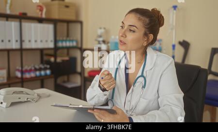 Ärztin mit Stethoskop, die auf einem Klemmbrett schreibt und mit einem Stift in einem Klinikgebäude gestikuliert; mitfühlende Pflege. Stockfoto